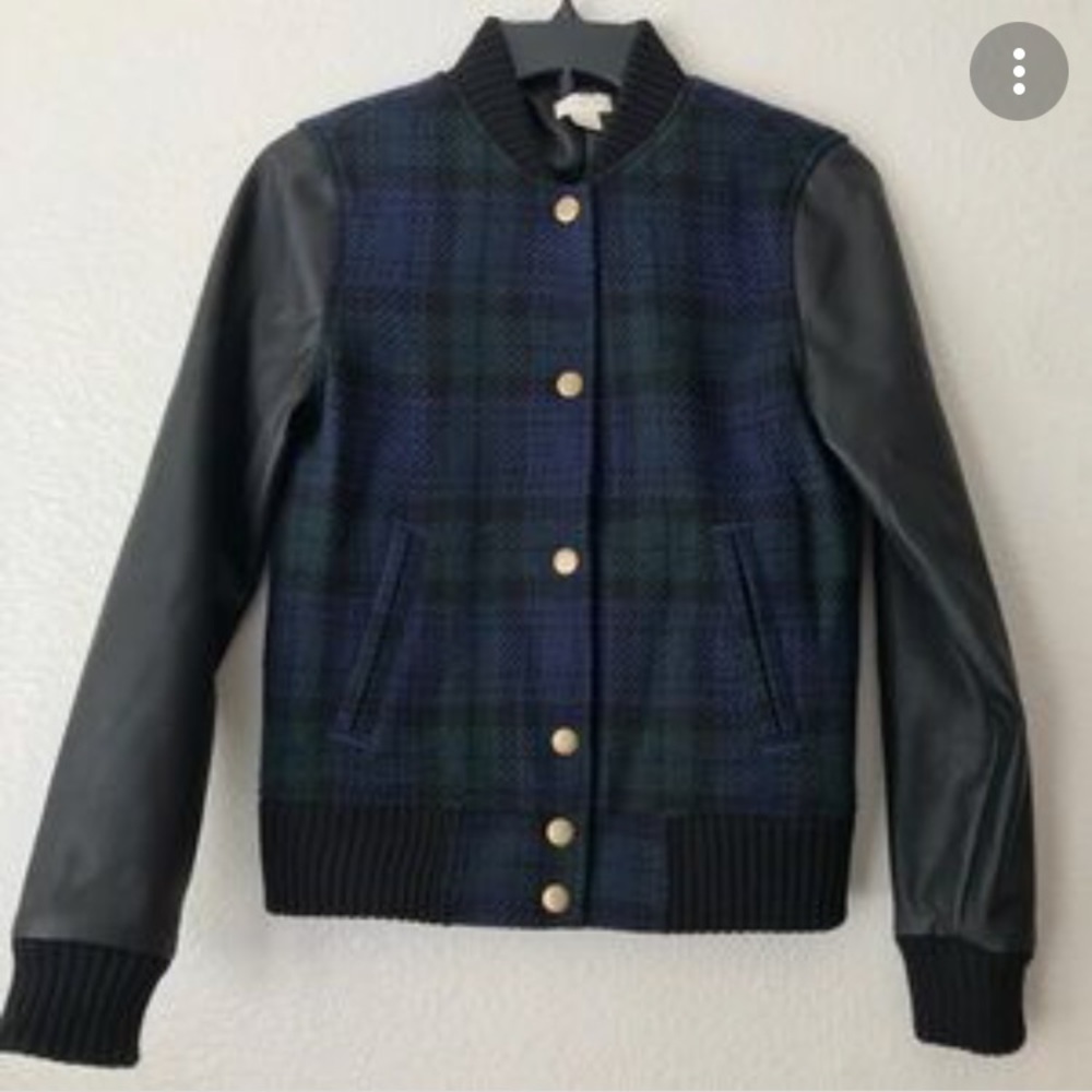 J. Crew wool plaid and faux leather bomber jacket
